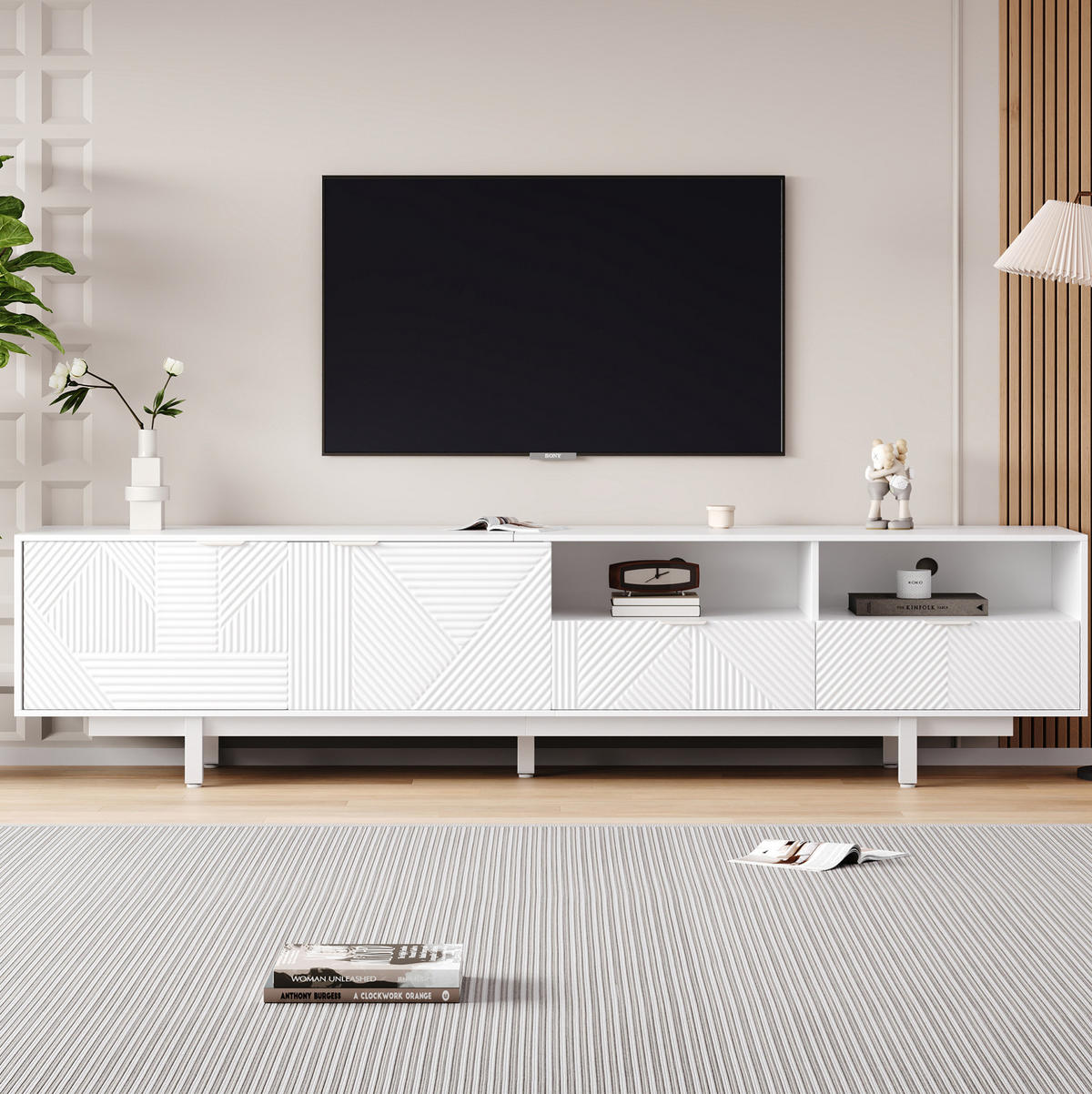 TV skrinka z drevotriesky, 200/40/51 cm biela, s úložným priestorom a otvorom na káble - biela, kompozitné drevo (200/51/41cm) - BEAOK