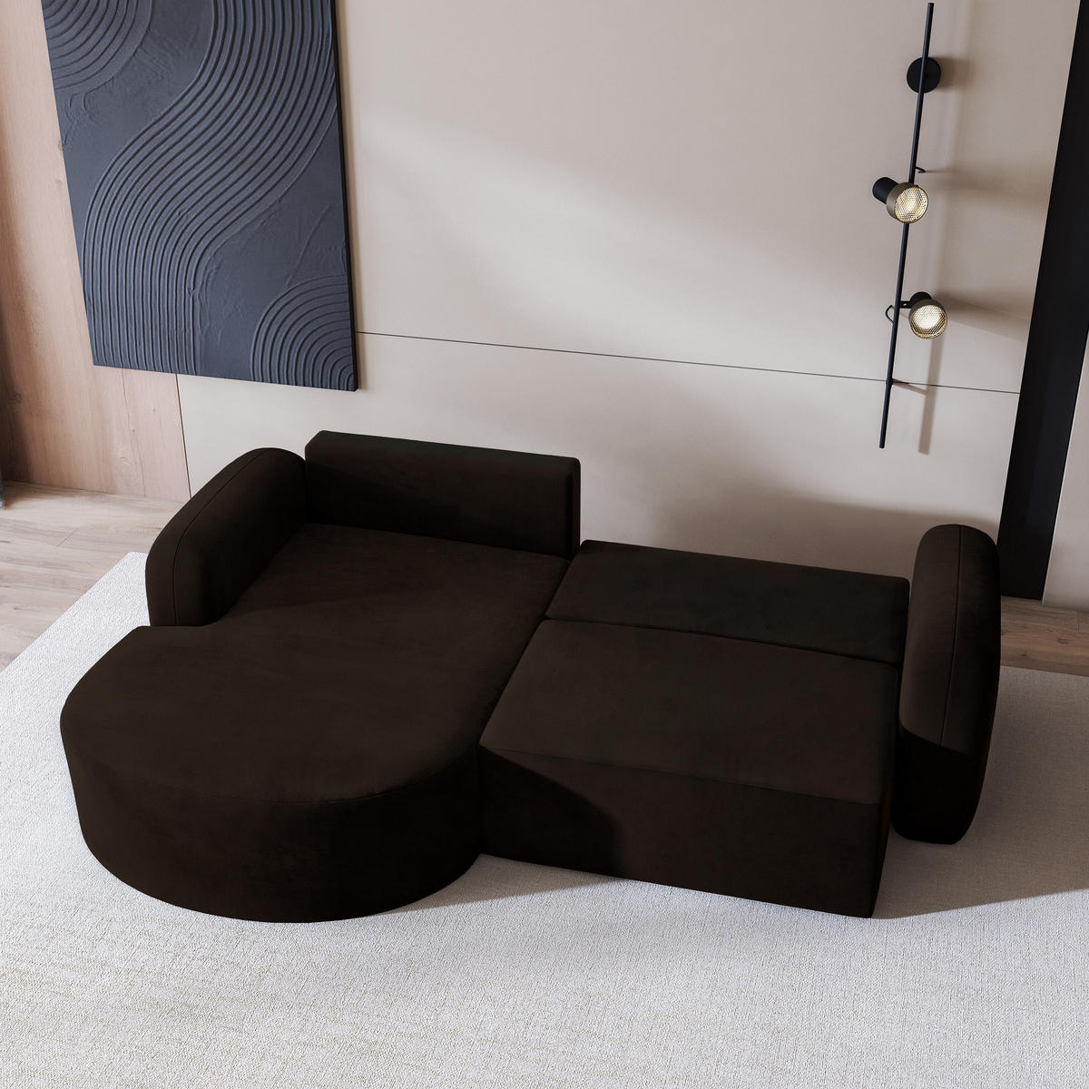 ECKSOFA AMILIA M L-S Braun Velours-Stoff mit Schlaffunktion - Braun, Holz (263/174cm) - MASSENO