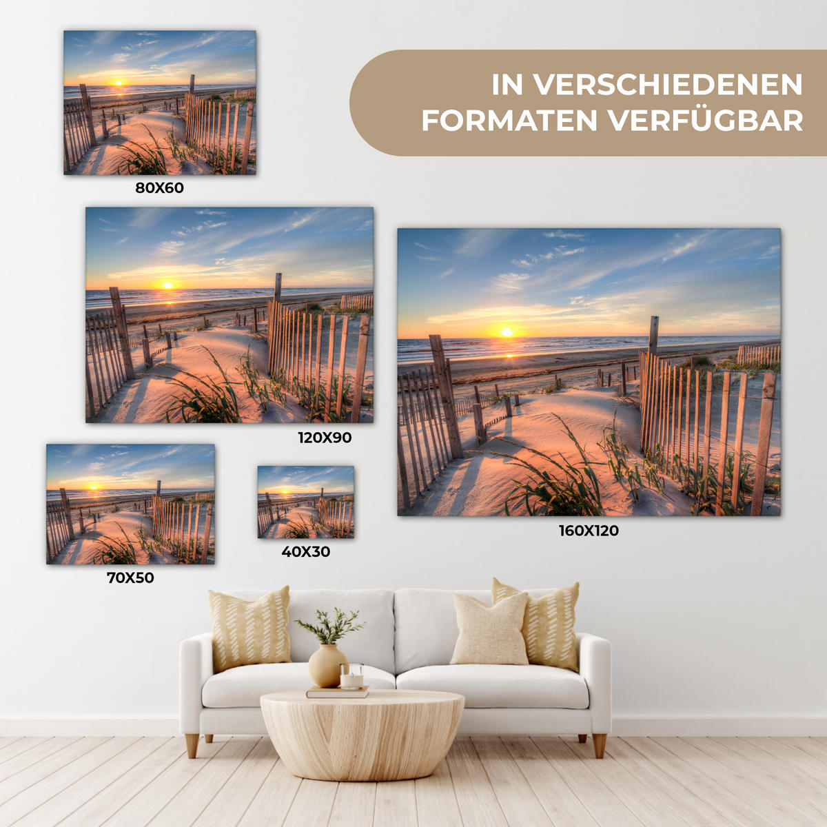 LEINWANDBILD Strand - Meer - Düne - Sonnenuntergang - Landschaft Wandbilder 80x60 cm - Beige, Textil (80/60cm) - MuchoWow