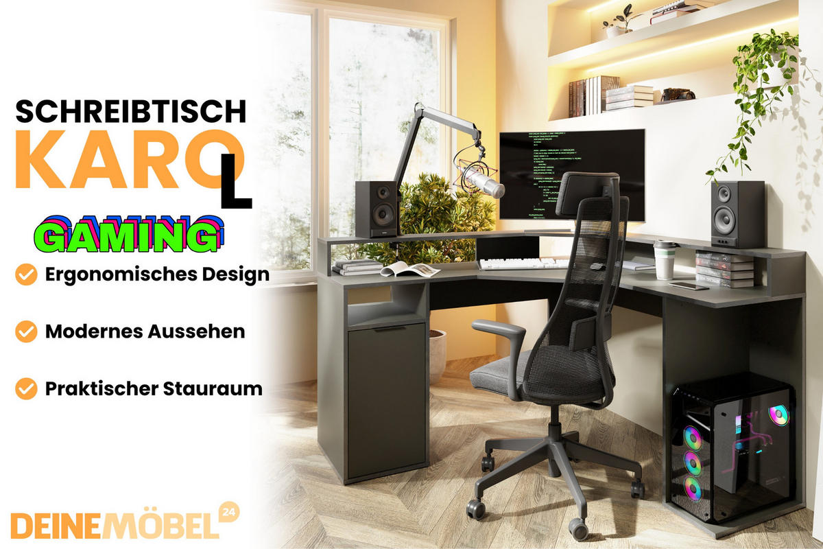 GAMINGTISCH KARO L 139 / 139 cm in Graphit - Graphitfarben, Holzwerkstoff (139/139/89cm) - Deine Möbel 24