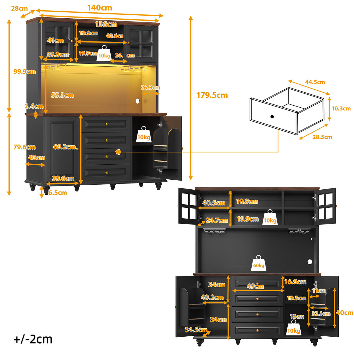 BUFFET DE-38489 140/40/179 cm mit Metall-Weinglashalter Schwarz - Schwarz, Holzwerkstoff (140/179.5/40cm) - ComfortXL