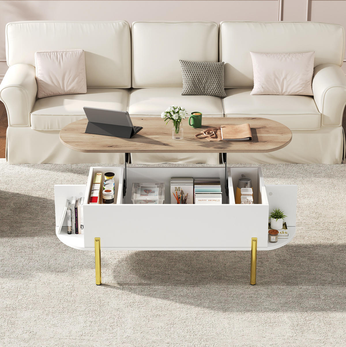 COUCHTISCH aus MDF 120x50x43 cm Weiß/Naturholz mit höhenverstellbarer Tischplatte und Stauraum - Weiß, Holzwerkstoff (120/50/43cm) - IVMEU