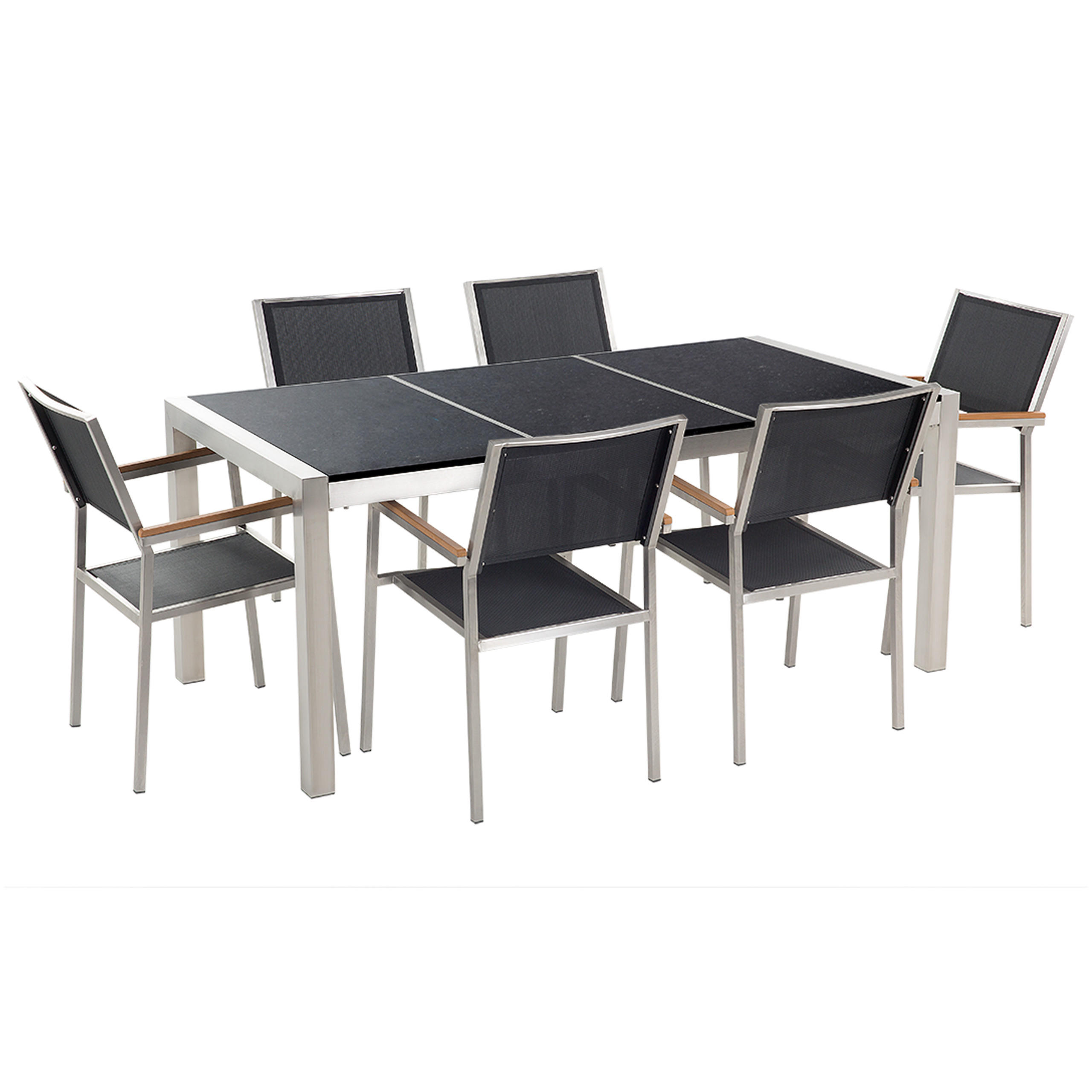 GARTENMÖBEL SET 6-Sitzer Granit schwarz poliert Textilbespannung Grosseto - Silberfarben/Schwarz, Metall - Beliani