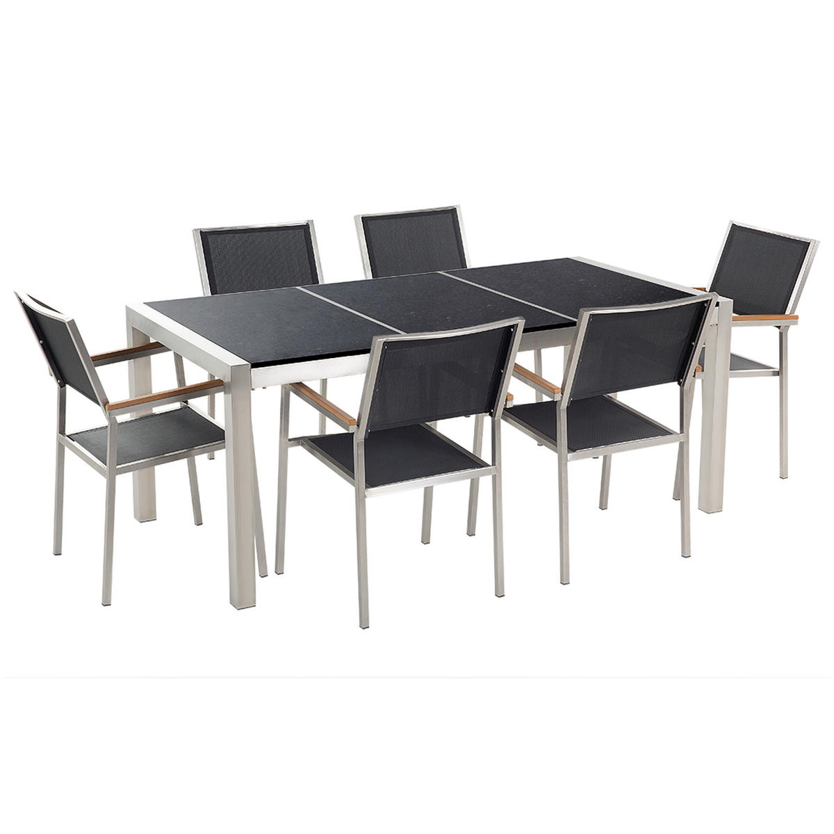 GARTENMÖBEL SET 6-Sitzer Granit schwarz poliert Textilbespannung Grosseto - Silberfarben/Schwarz, Metall - Beliani