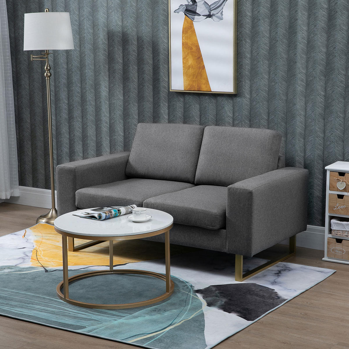 SOFA-2 Sitzer Couch Stoffsofa Eckcouch Sitzmöbel Polstersofa Loungesofa Armlehne - Dunkelgrau, Holz (82/78/145cm) - HOMCOM