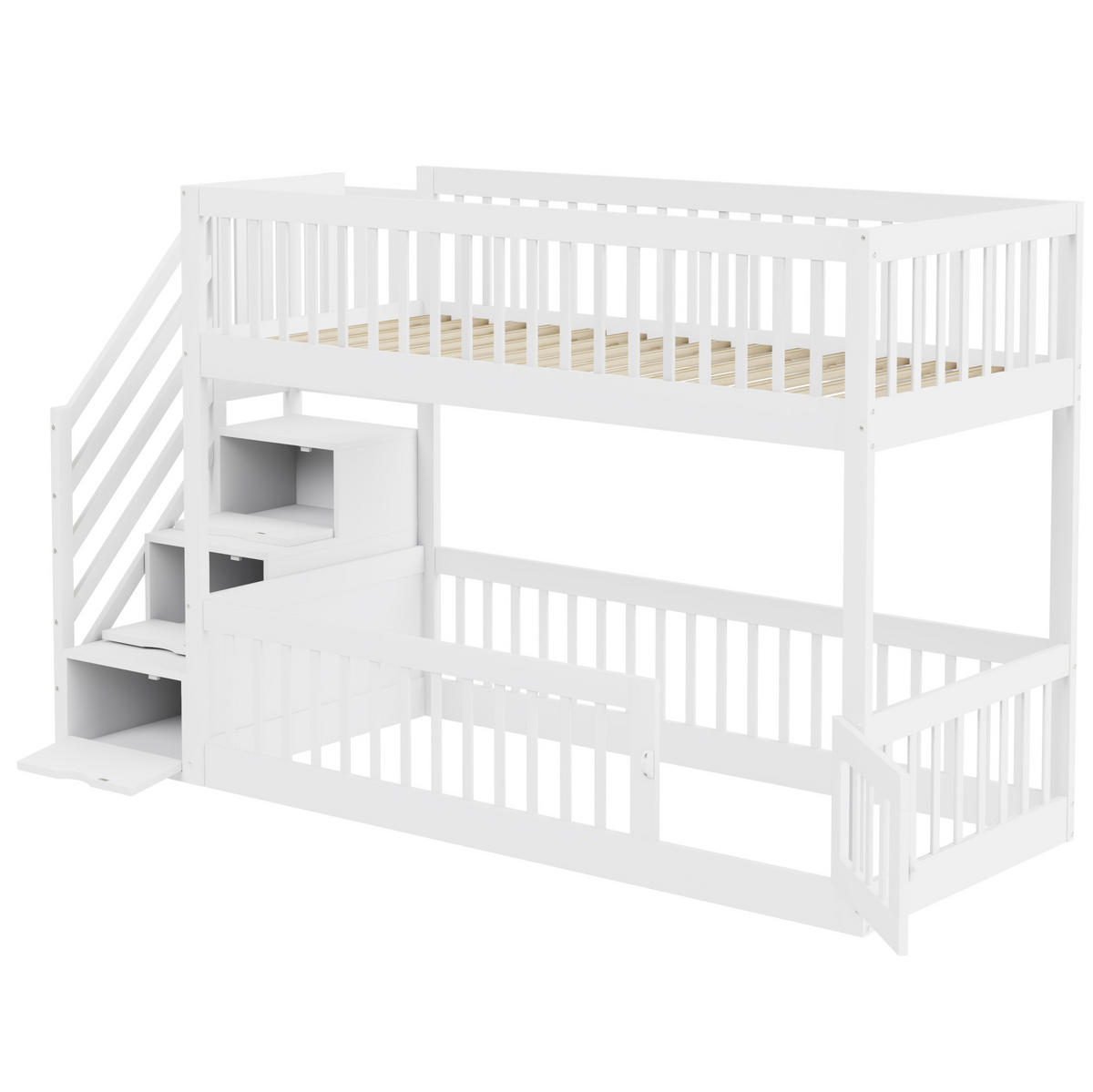 ETAGENBETT 90/200 cm mit Stauraumtreppe, Schubladen und Spielbereich, Weiß - Weiß, Holzwerkstoff (90/200cm) - Redom