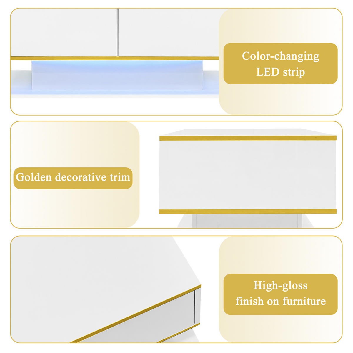 COUCHTISCH 100/50/40 cm Weiß Hochglanz aus Spanplatte mit LED-Lichtstreifen und 3 Schubladen - Weiß, Holzwerkstoff (100/50/40cm) - OKMYHOME