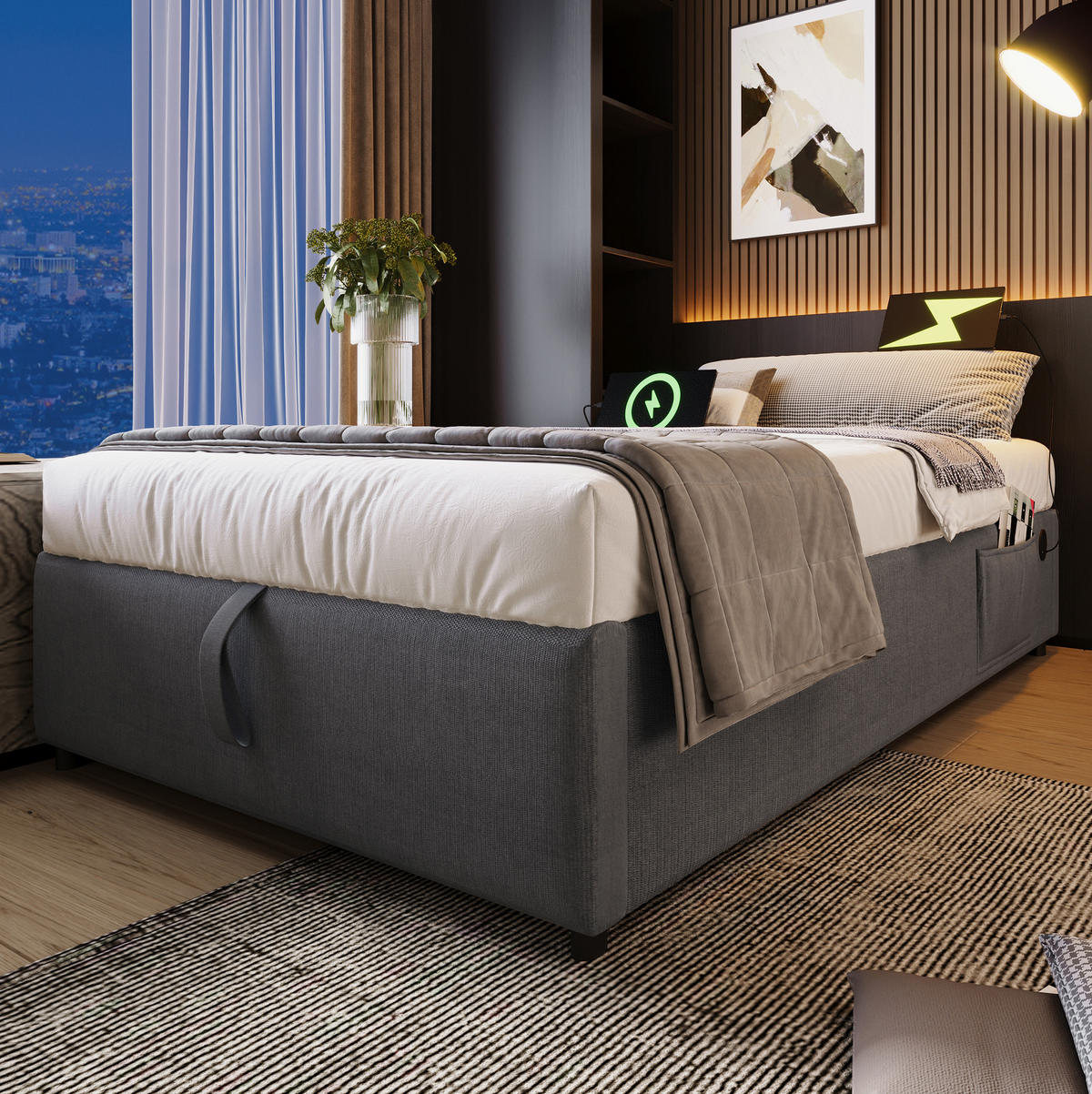 BETT mit Stauraum 90x200 cm Grau USB/Type-C - Grau, Metall (90/200cm) - Meubliv