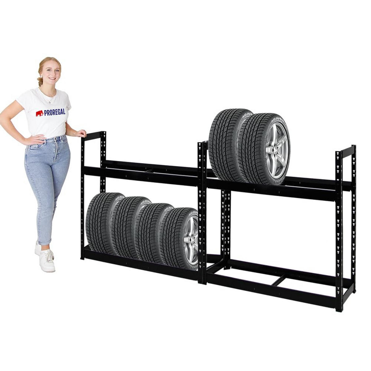 REIFENREGAL Tiger 2er-Set mit 2x 100x110x35 cm 150 kg Fachlast bis zu 16 Reifen mit Ebenen Schwarz - Schwarz, Metall (220/100/35cm) - PROREGAL