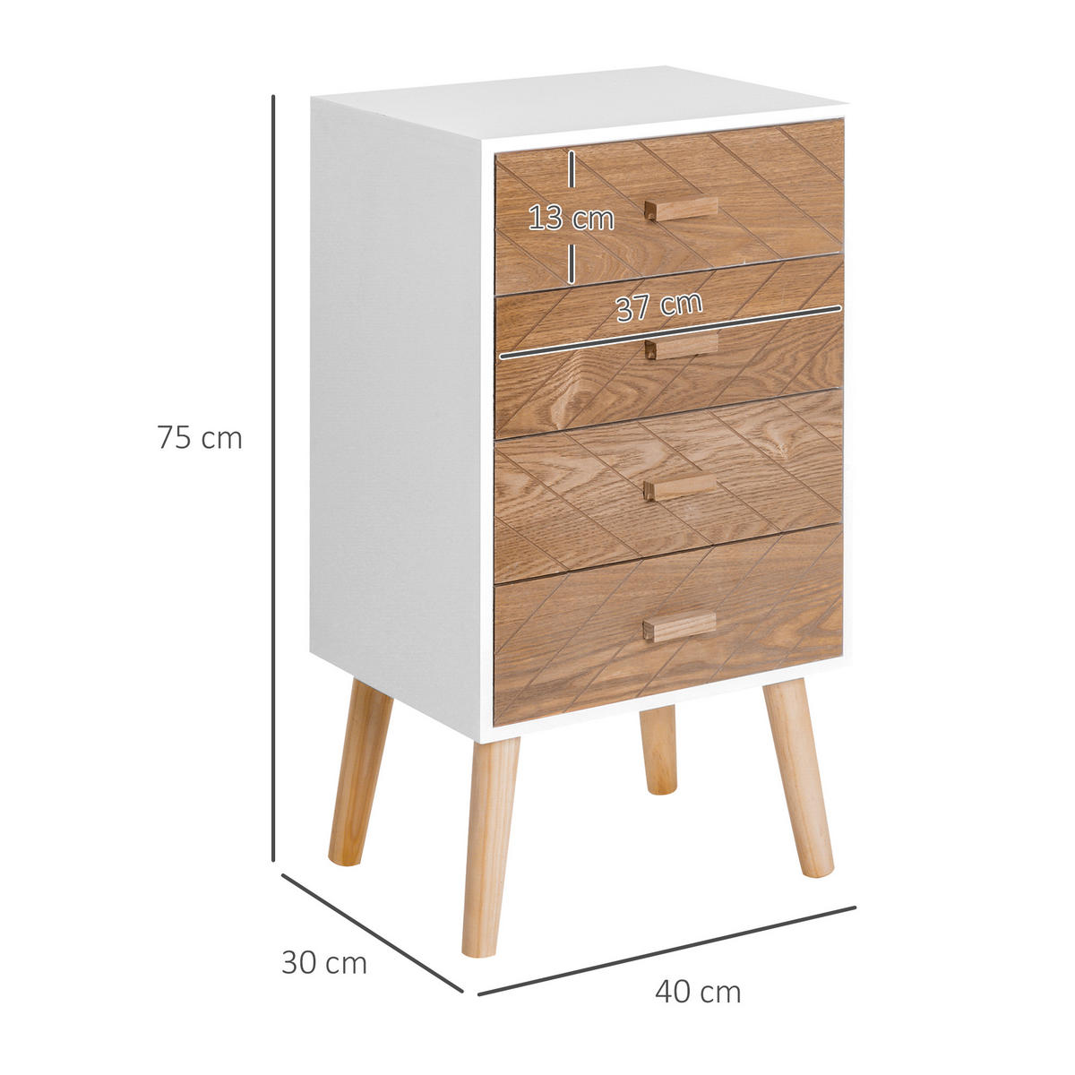 NACHTTISCH Weiß Buche MDF Holz 4 Schubladen - Weiß, Holz (40/75/30cm) - PANGIVO