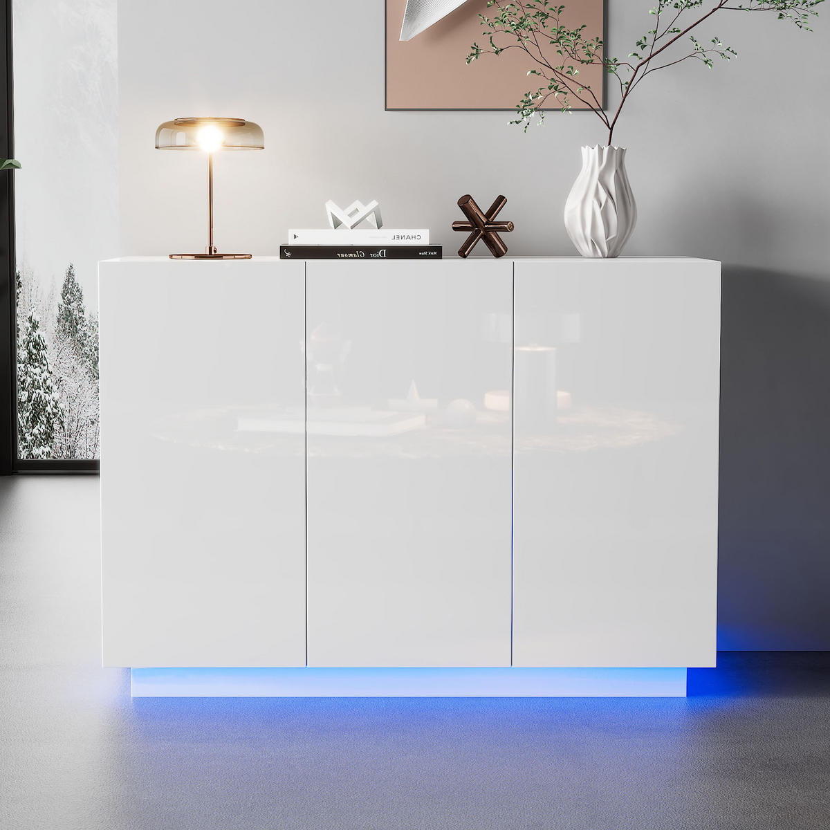 SIDEBOARD in Weiß Esszimmerschrank mit 3 Schubladen und LED-Licht für Esszimmer und Wohnzimmer, B120/T40/H75cm - Weiß, Holzwerkstoff (120/75/40cm) - STILVORA