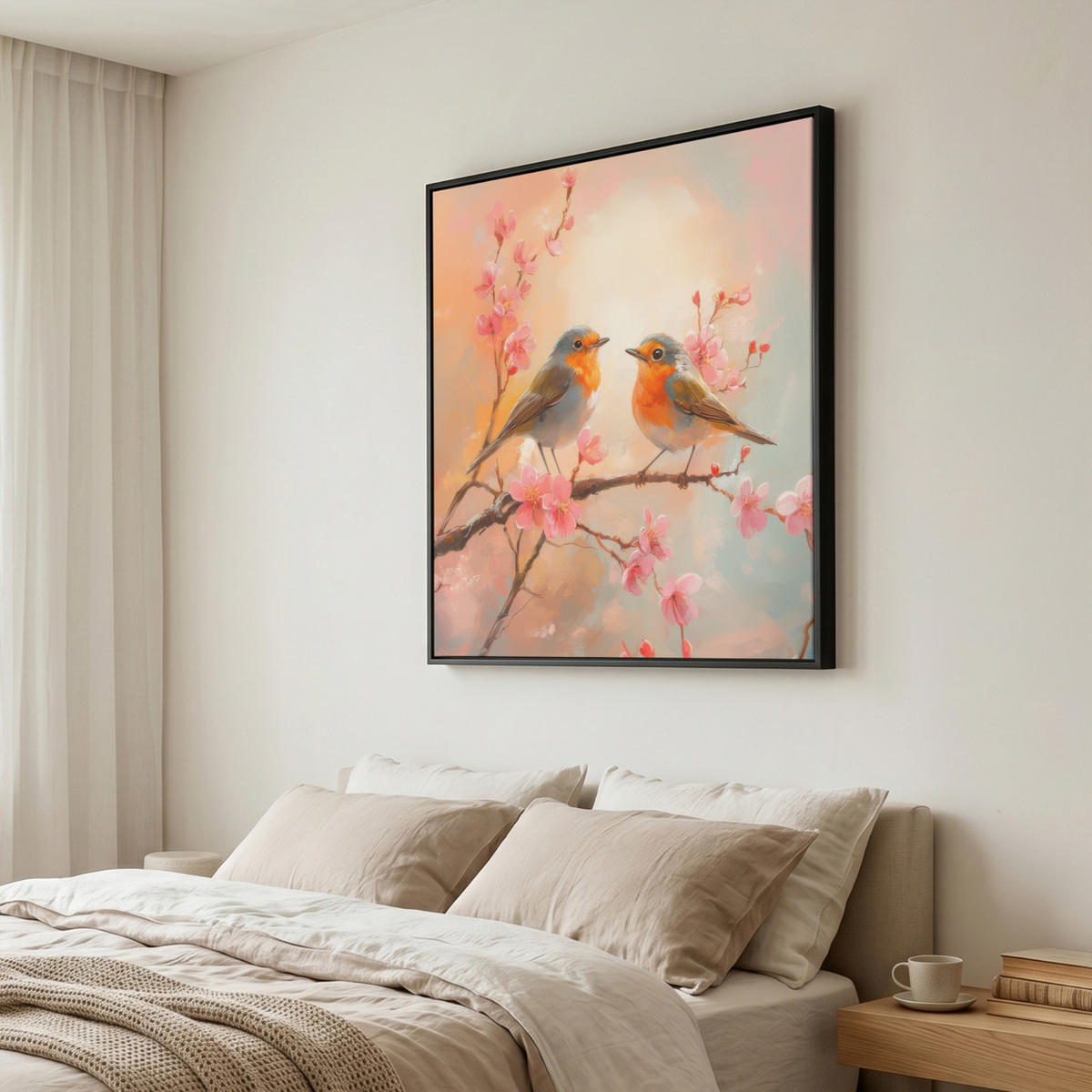 LEINWAND Bilder mit Rahmen - Rotkehlchen - Zierpflanze - Blütenzweig - 90x90 - Hellrosa, Textil (90/90cm) - MuchoWow