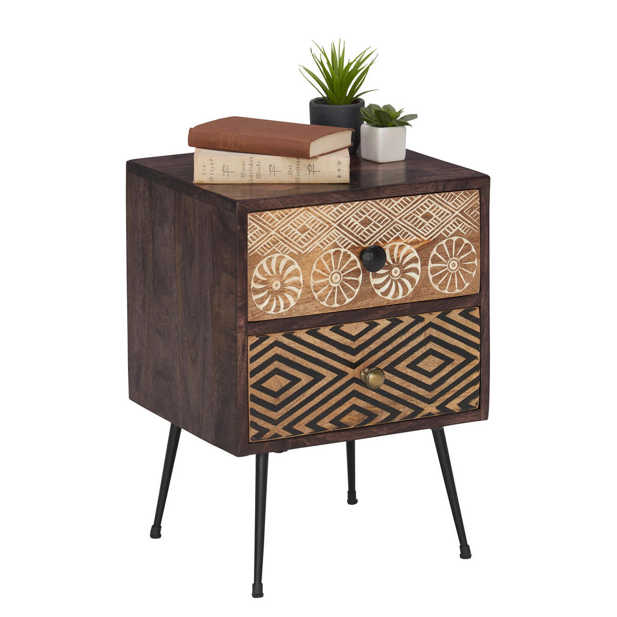 MASSIVE NACHTKOMMODE - Beige / Mango - Schwarz/Braun, Holz/Metall (40/55/35cm) - home24