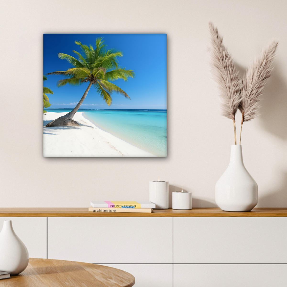 LEINWANDBILD Strand - Palme - Tropisch - Meer Wandbild Wohnzimmer 50x50 cm - Grün, Textil (50/50cm) - MuchoWow