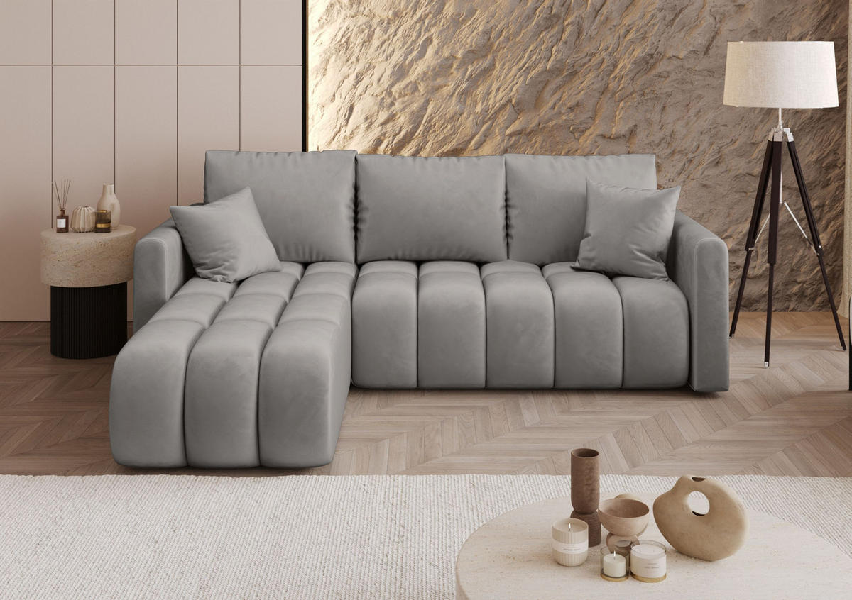 ROHOVÁ pohovka GARDA levá světle šedá samet Monolith 84 - funkce spaní, úložný prostor - světle šedá, textil (230/150cm) - Cornero