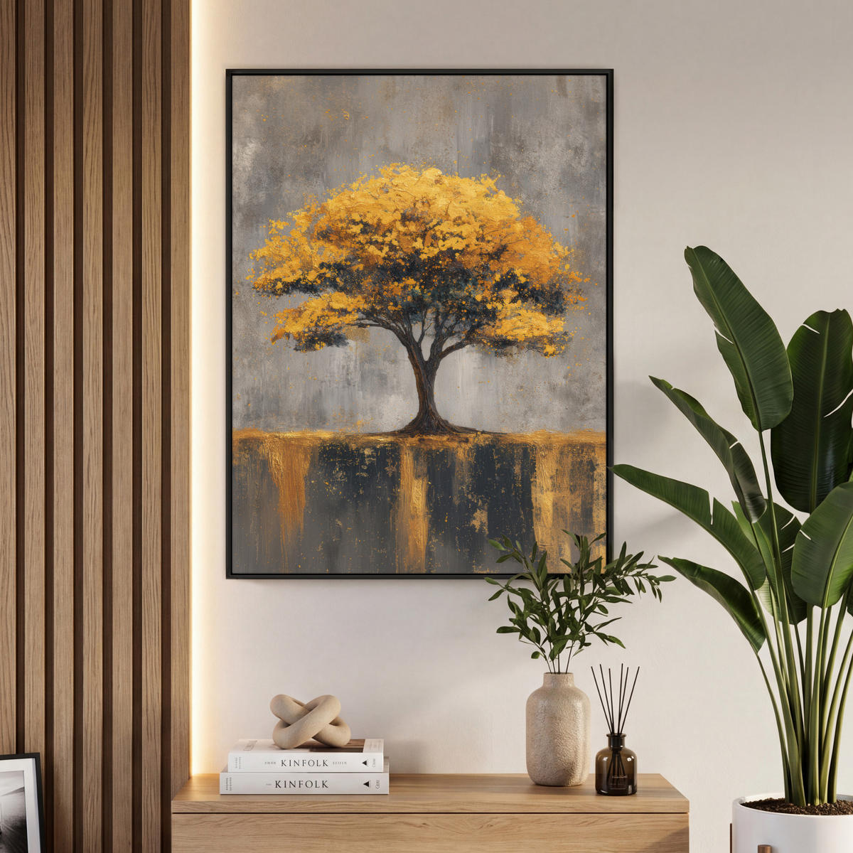LEINWAND Bilder mit Rahmen - Baum - Blätter - Gold - Abstrakt - 70x100 - Grau, Textil (70/100cm) - MuchoWow