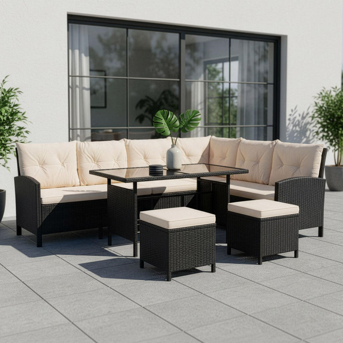 LOUNGEGARNITUR Manacor schwarz, creme inkl. Abdeckung - Creme, Kunststoff/Metall - Juskys