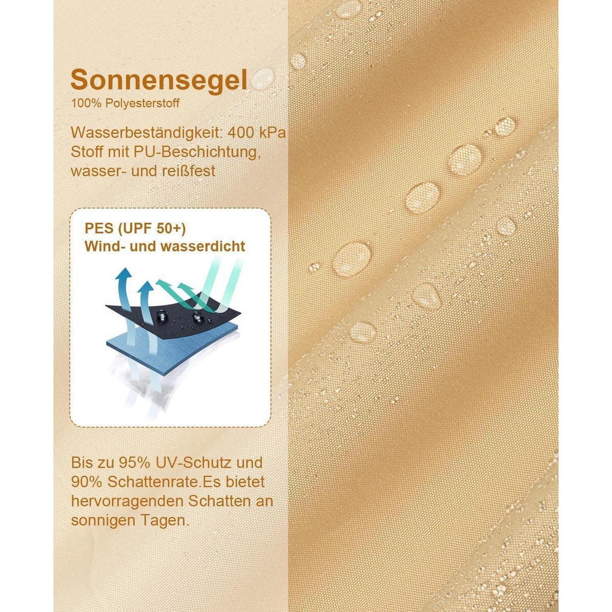 SONNENSEGEL Dreieckig 300 x 300 x 425 cm Wasserdicht Sandbeige - Sandfarben, Textil (34/26cm)