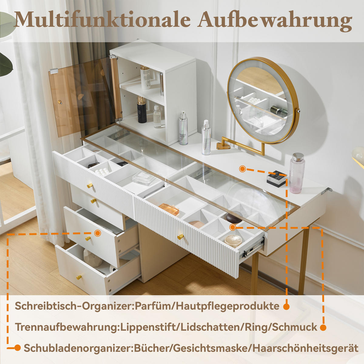 SCHMINKTISCH Weiß LED Spiegel Glasplatte 120x45x115cm Schrank - Multicolor, Holzwerkstoff (45/115/120cm) - FLIEKS
