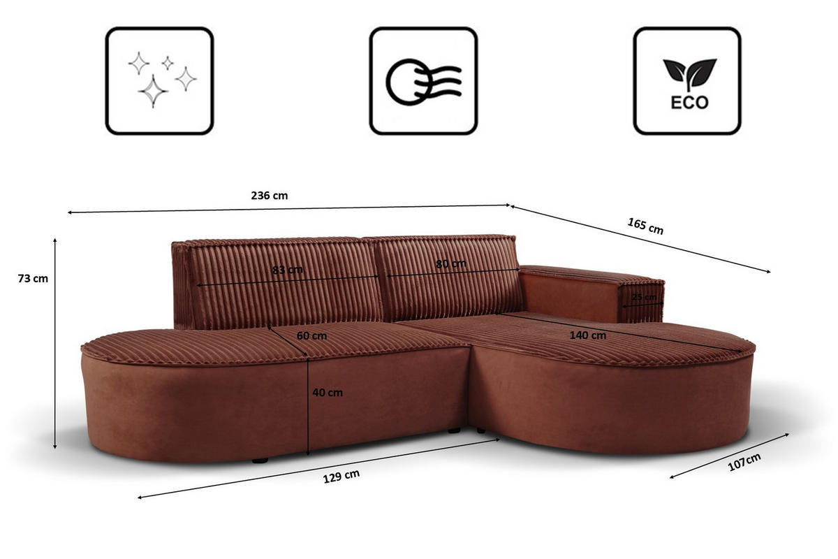 ECKSOFA L-förmiges Modena Soft Kupfer Rechts - Kupferfarben, Holz (236/165cm) - Kaiser Möbel