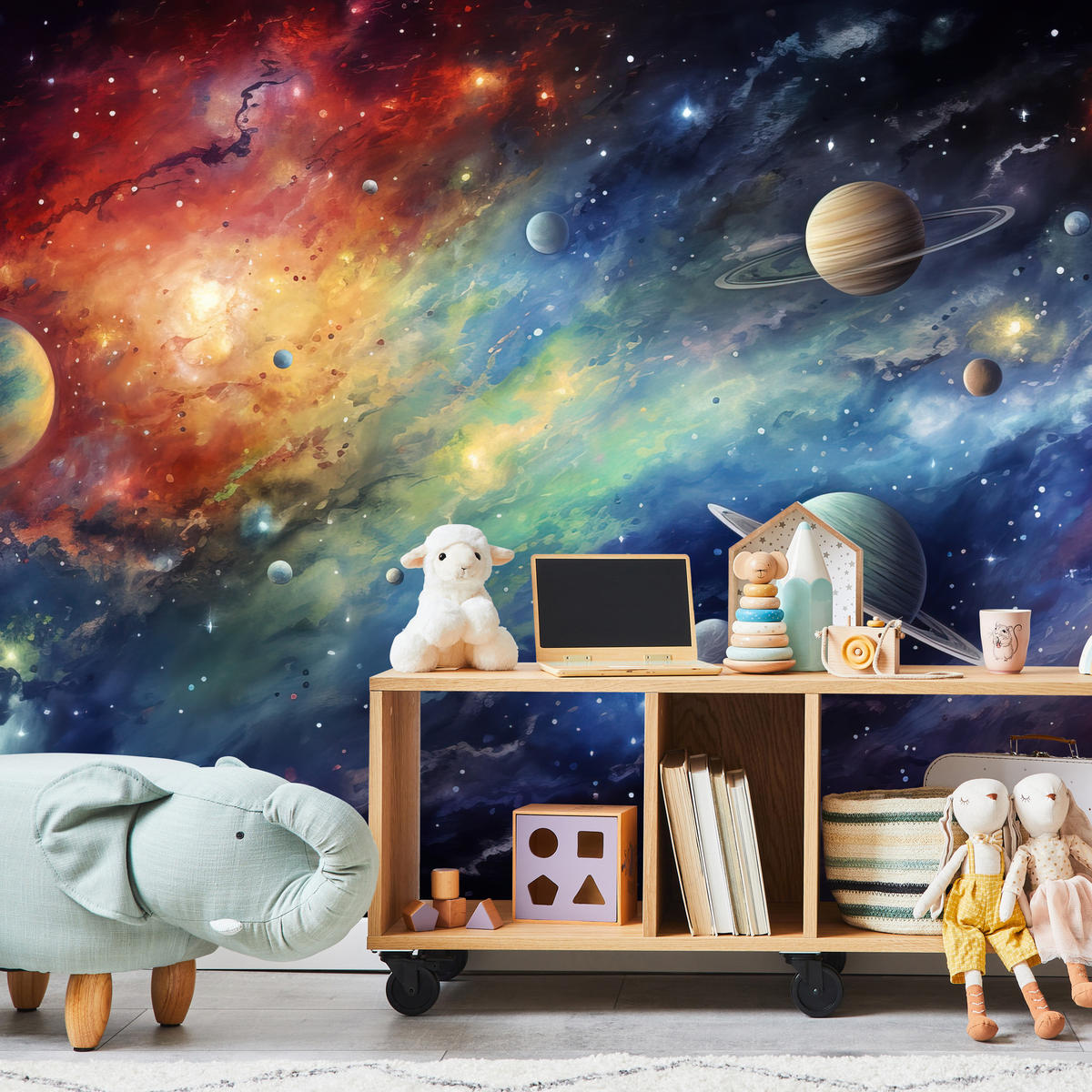 FOTOTAPETE für Jugendzimmer Aquarell Galaxie Planeten Sterne 450x315 - Blau/Gelb, Papier (450/315cm) - Muralo