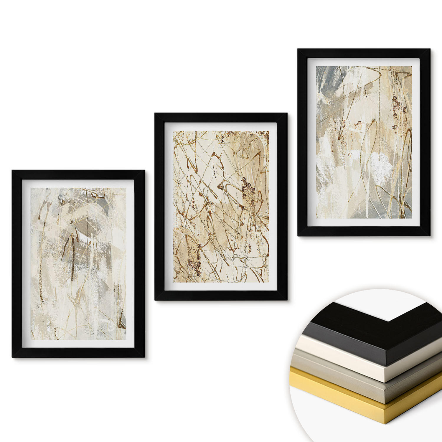 WANDBILDER 3er-Set - 20x30 cm Schwarzer Rahmen - Abstrakte Muster in Beige und Grau - Schwarz, Kunststoff (20/30cm) - ArtPrintCave
