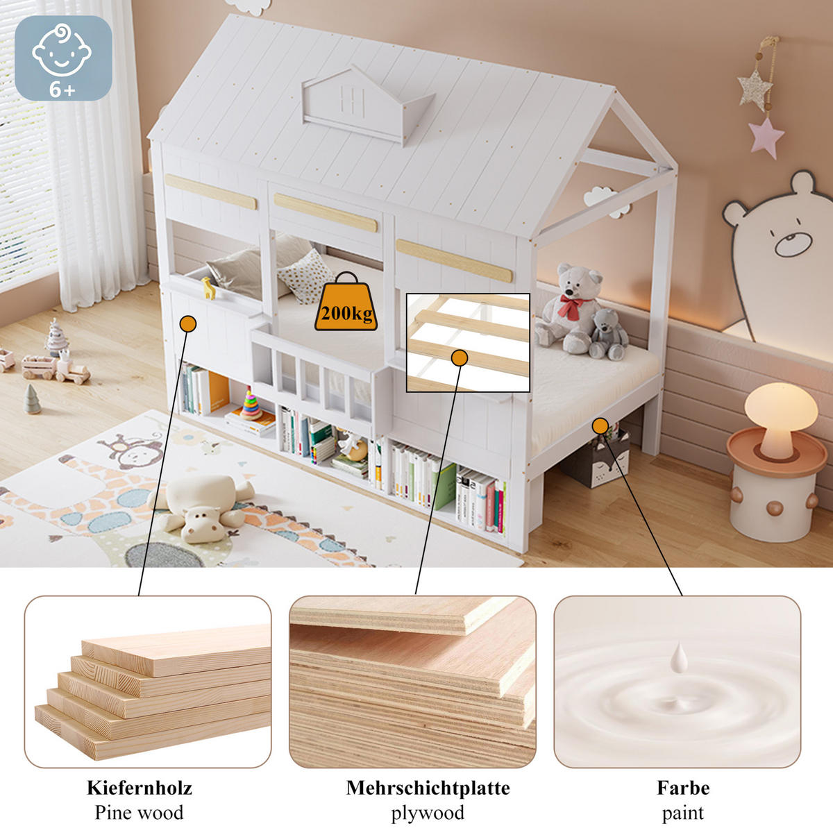 HAUSBETT 90/200 cm Weiß aus Kiefer und MDF mit Bücherregal - Weiß, Holz (90/200cm) - OKMYHOME
