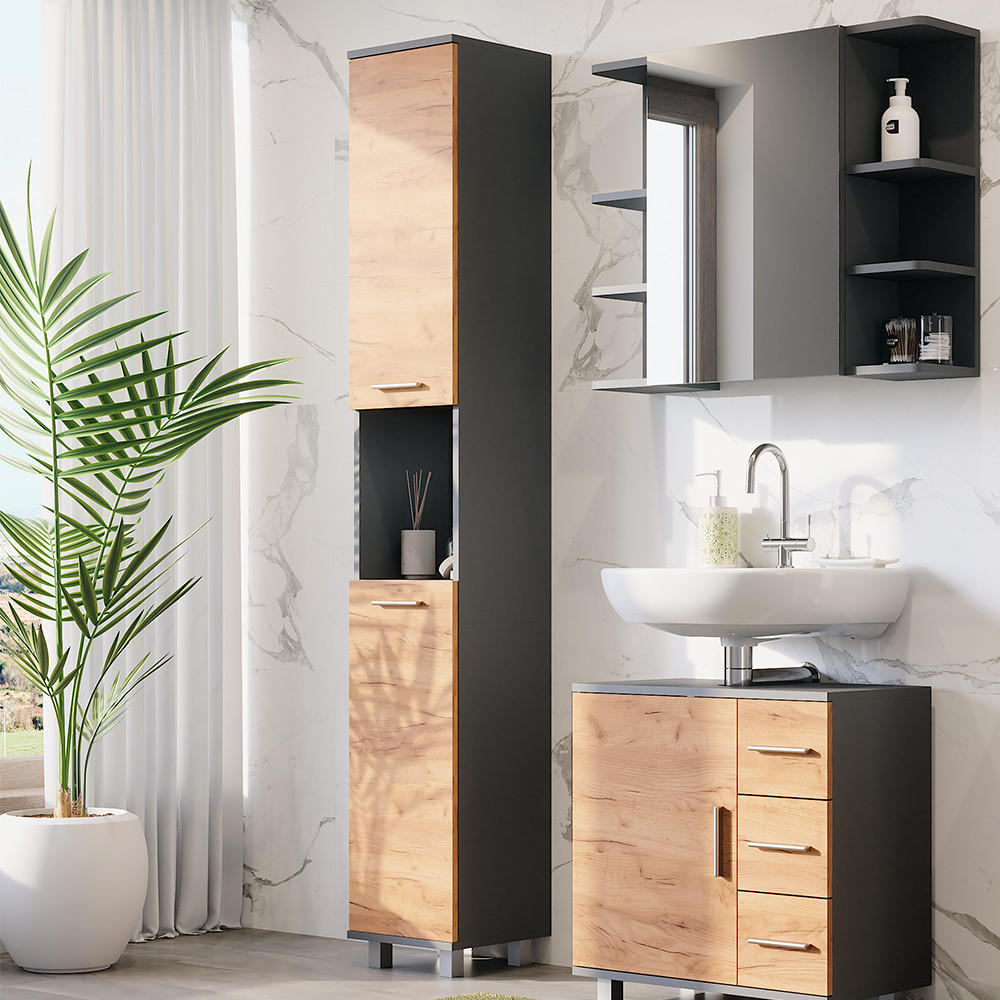 Thumbnail - Vicco Hochschrank, Anthrazit, Honigeiche, Holzwerkstoff, 5 Fächer, Rechteckig, 30.2x190x30 cm, Badezimmer, Badezimmersch...