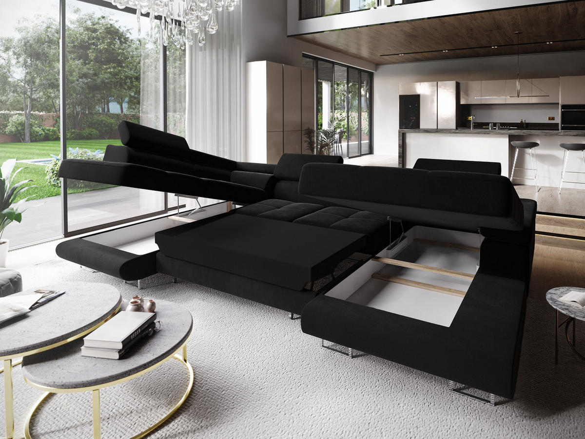 WOHNLANDSCHAFT CASONE L-S Schwarz Velours-Stoff mit Schlaffunktion - Schwarz, Holz (345/90/202cm) - MASSENO