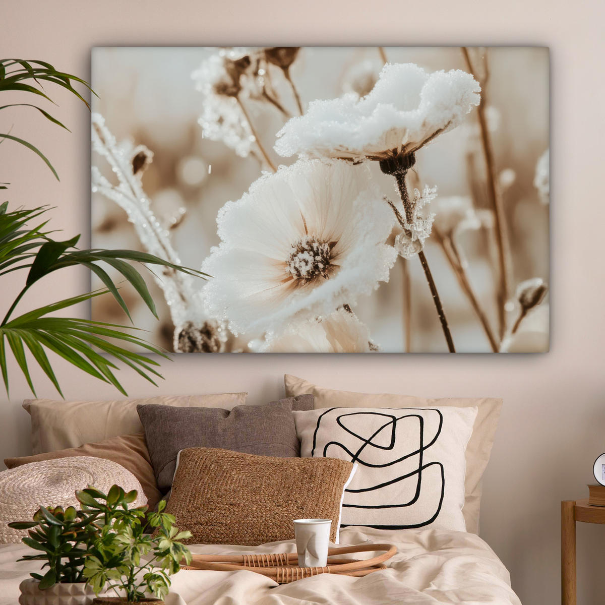 LEINWANDBILD Blumen - Winter - Weiß - Schnee - Beige Wohnzimmer Groß 120x80 cm - Creme, Textil (120/80cm) - MuchoWow