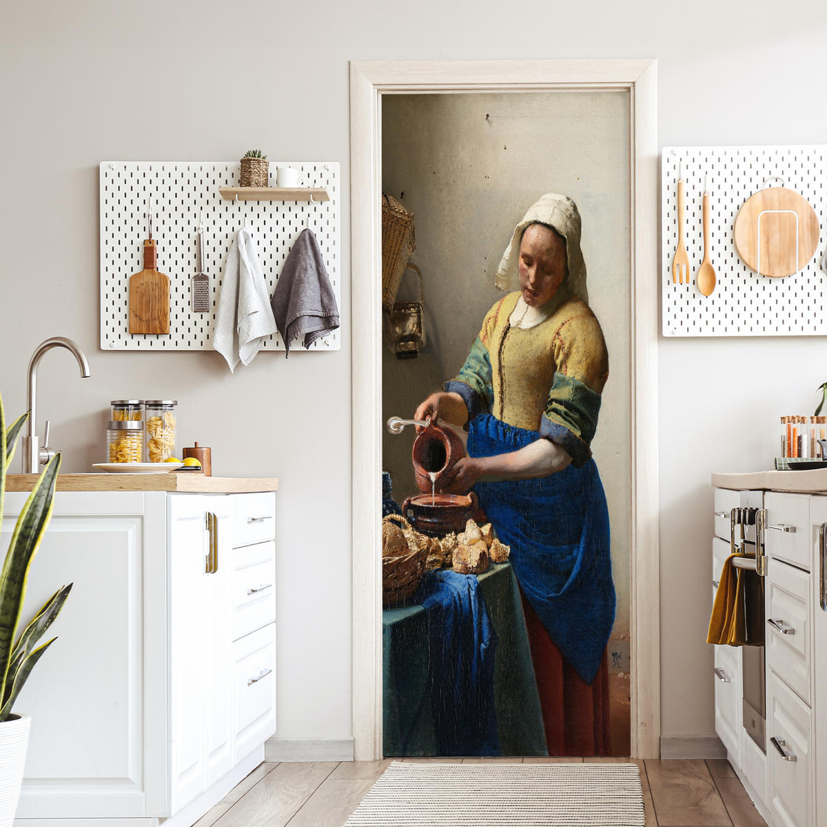 NÁLEPKA NA DVERE Dojička - Johannes Vermeer 80x215 cm - tmavomodrá, plast (80/0.1cm) - MuchoWow
