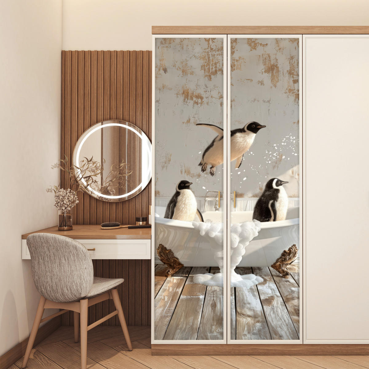 FOTOTAPETE Tür - Vintage - Pinguin - Badewanne - Schaumstoff 95x215 cm - Hellbraun, Kunststoff (95/0.1cm) - MuchoWow