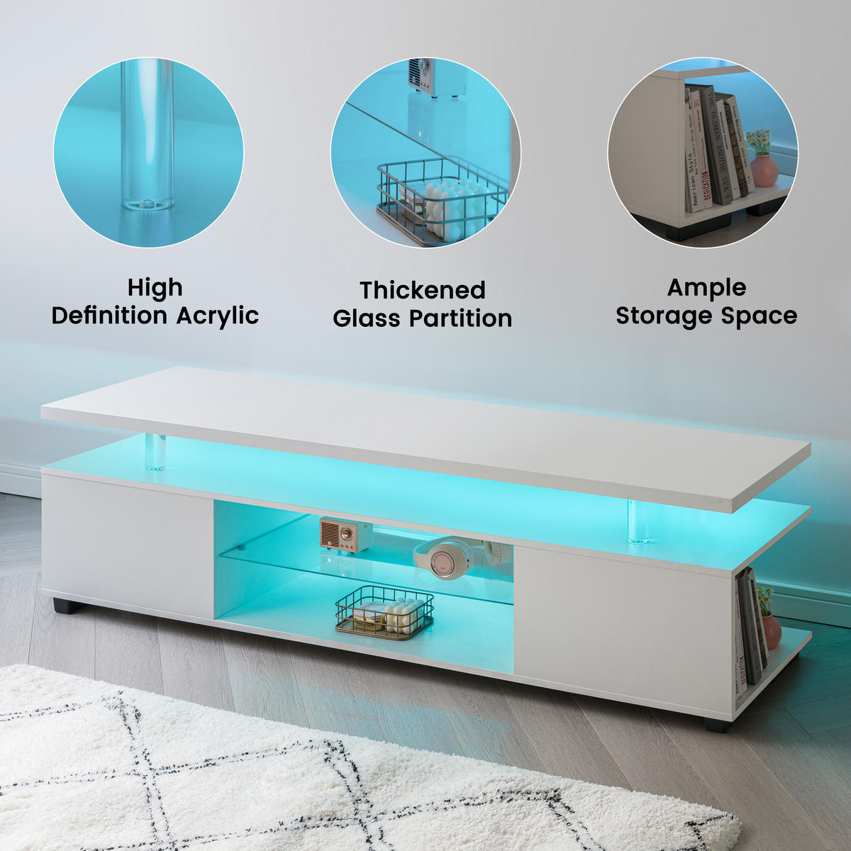 LOWBOARD DE-40487 LED mit seitlichem Schrank Weiß - Weiß, Holzwerkstoff (130/48/40cm) - ComfortXL