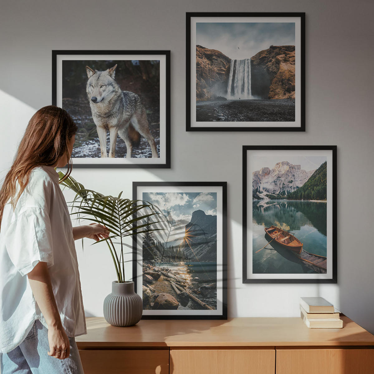 BILDER SET 4er Set - 50x50 cm & 40x60 cm Schwarzer Rahmen - Berge, Seen, Wasserfall, Wolf - Schwarz, Kunststoff (50/50cm) - TULUP