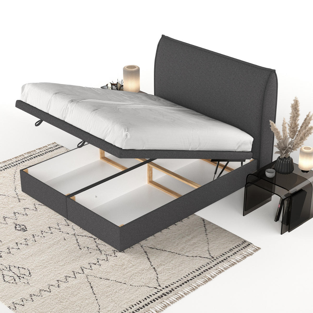 POLSTERBETT Tuvalu mit Stauraum 140/200 cm Anthrazit im Megan Stoff - Anthrazit/Schwarz, Holz/Holzwerkstoff (140/200cm) - AltaBeds