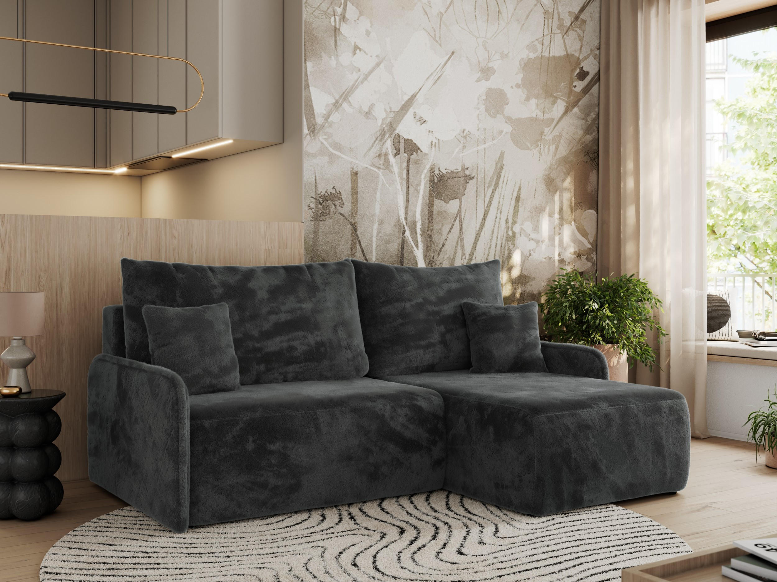 ECKSCHLAFSOFA ARPA L Dunkelgrau Plüsch - rechts - Dunkelgrau/Schwarz, Kunststoff/Textil (150/198cm) - MKS