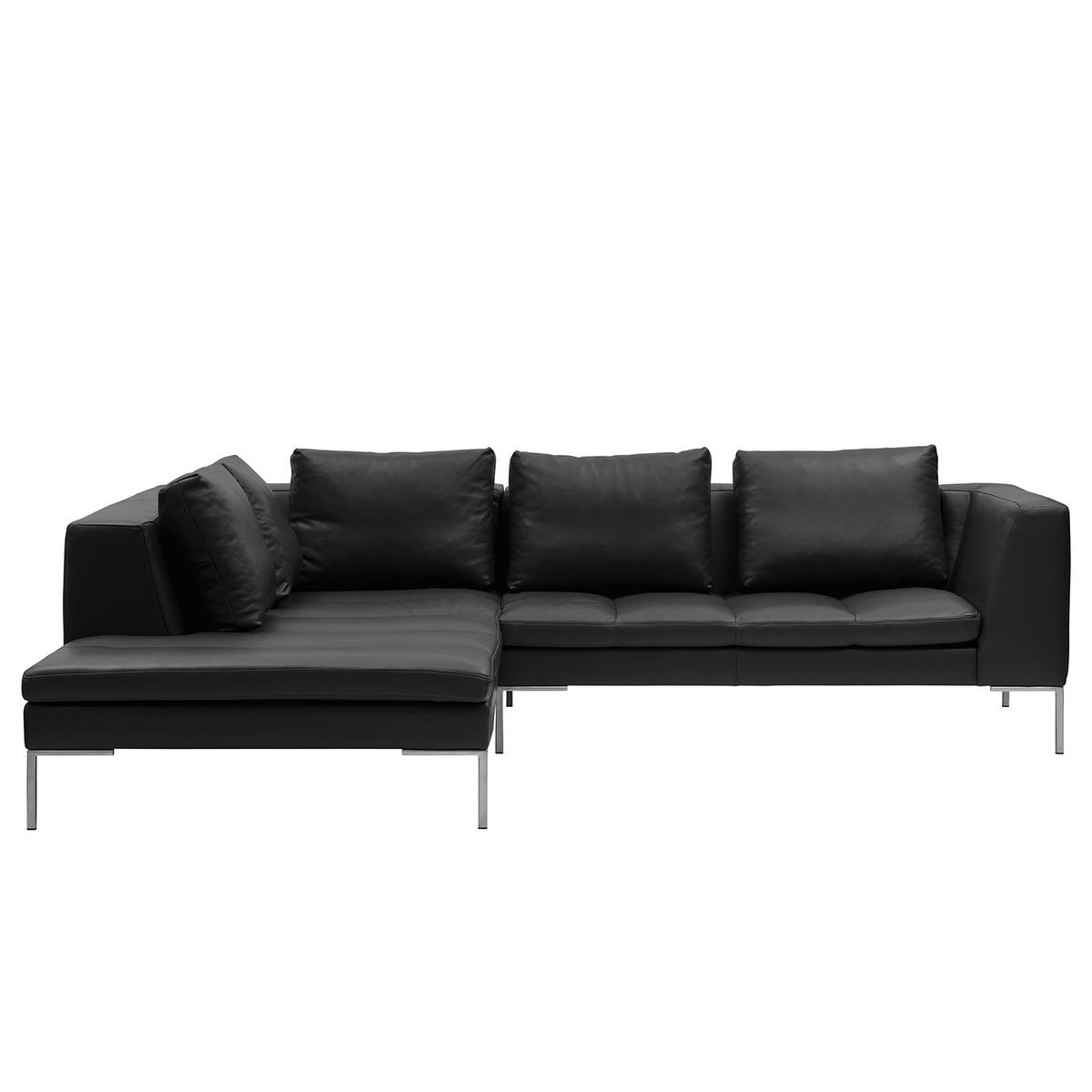 ECKSOFA mit Ottomane - Chromfarben/Schwarz, Leder/Metall (255/230cm) - home24