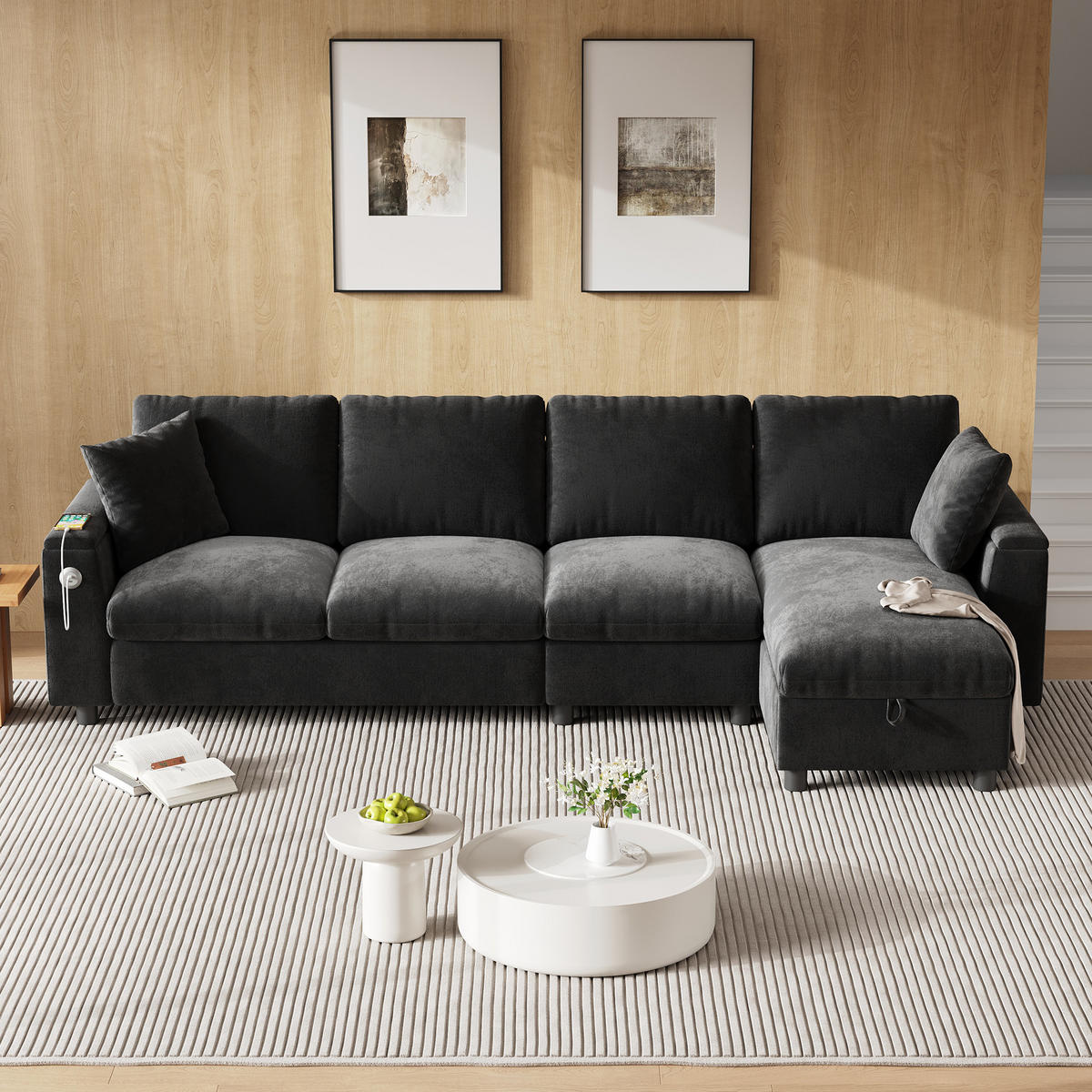 ECKSOFA Chenille Grau mit Schlaffunktion, Stauraum und USB - Grau, Holzwerkstoff/Kunststoff (280/137cm) - WISHDOR