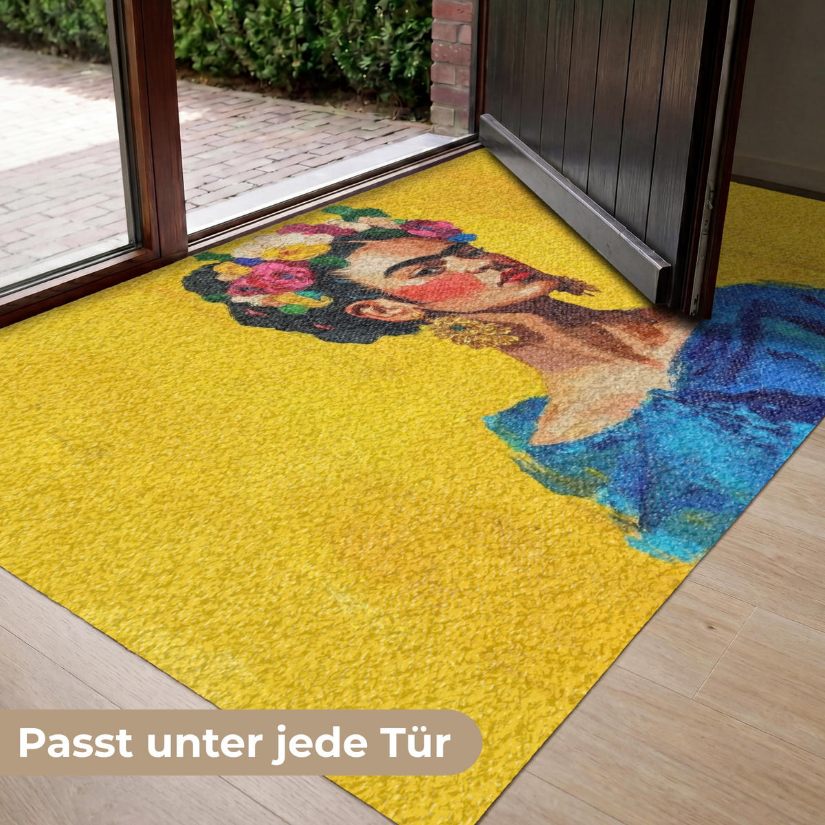 FUSSMATTE Frida Kahlo - Frau - Gelb - Blau - Blumen Schmutzfangmatte 150x90 cm - Gelb, Kunststoff (150/90cm) - MuchoWow