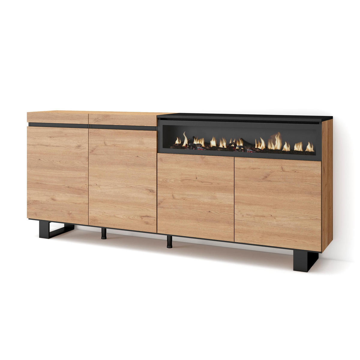 SIDEBOARD Elektrokamin, eiche, schwarz, 200/35/87cm - Beige/Multicolor, Holzwerkstoff (200/87/35cm) - Skraut Home