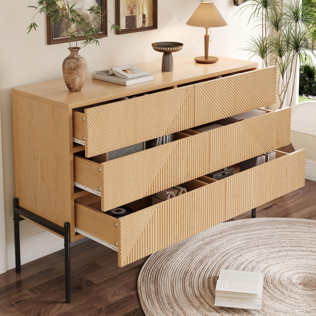 SIDEBOARD 6 Schubladen 3D Struktur - Naturfarben, Holz (115.5/75/38cm) - LEBENLANG