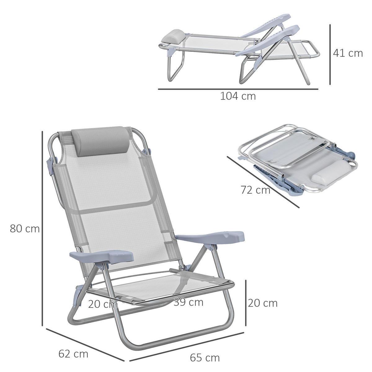 GARTENSESSEL DE-15629 2er-Set, 6-fach verstellbar mit Kopfkissen - Hellgrau, Metall (65/80/62cm) - ComfortXL