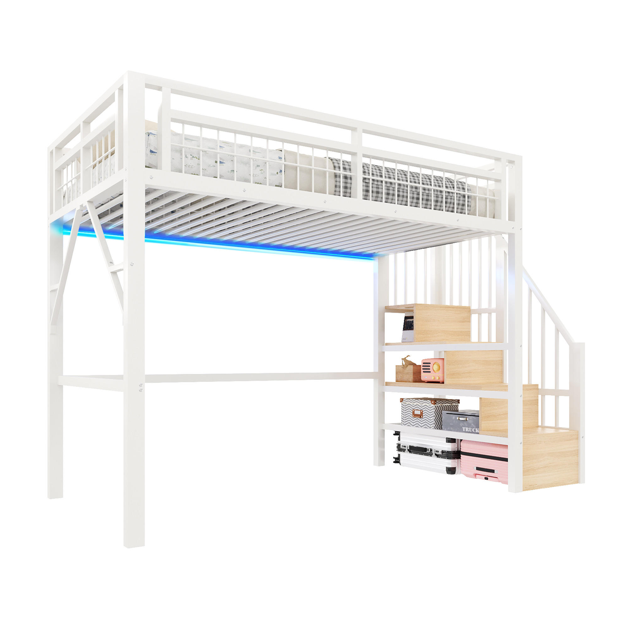 HOCHBETT 140/200 cm in Weiß mit Stauraumtreppe und LED - Weiß, Holzwerkstoff/Metall (140/200cm) - WISHDOR
