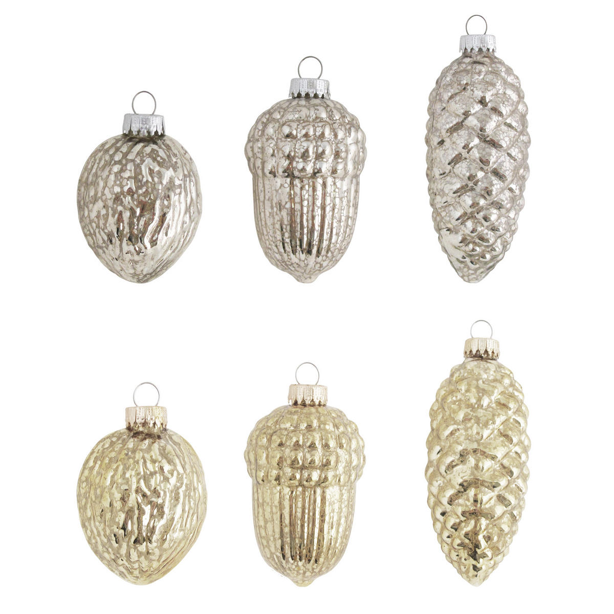 CHRISTBAUMSCHMUCK Sortiment Zapfen Eichel Walnuss Mercury Goldfarbig 10cm (Glas / 18 Stk.) - Goldfarben, Glas (4/6/4cm) - Krebs Glas Lauscha