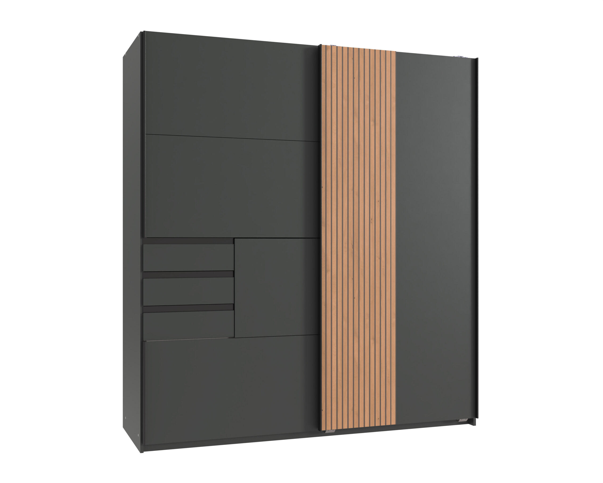 KLEIDERSCHRANK Coburg in Grafit mit Eiche Artisan mit Akustiklamellen - Schwebetürenschrank - Grau, Holzwerkstoff (180/198/65cm)