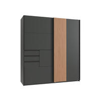 KLEIDERSCHRANK Coburg in Grafit mit Eiche Artisan mit Akustiklamellen - Schwebetürenschrank - Grau, Holzwerkstoff (180/198/65cm)