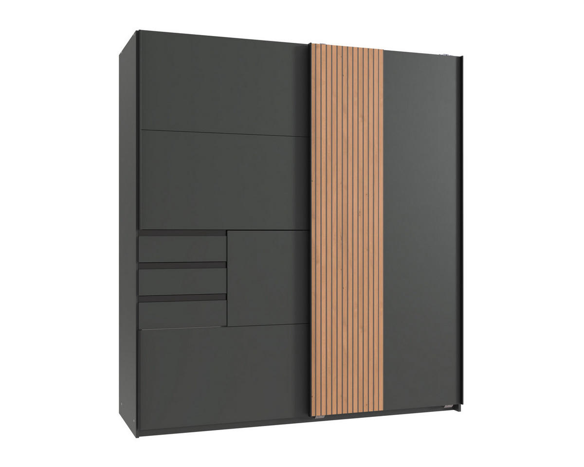 KLEIDERSCHRANK Coburg in Grafit mit Eiche Artisan mit Akustiklamellen - Schwebetürenschrank - Grau, Holzwerkstoff (180/198/65cm)