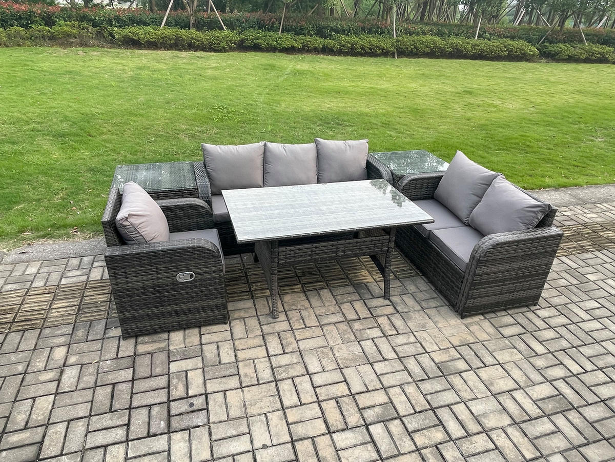 GARTENTISCHGRUPPE mit Liegestuhl,Beistelltischen Polyrattan 6-Sitzer - Dunkelgrau/Grau, Glas/Kunststoff - Fimous