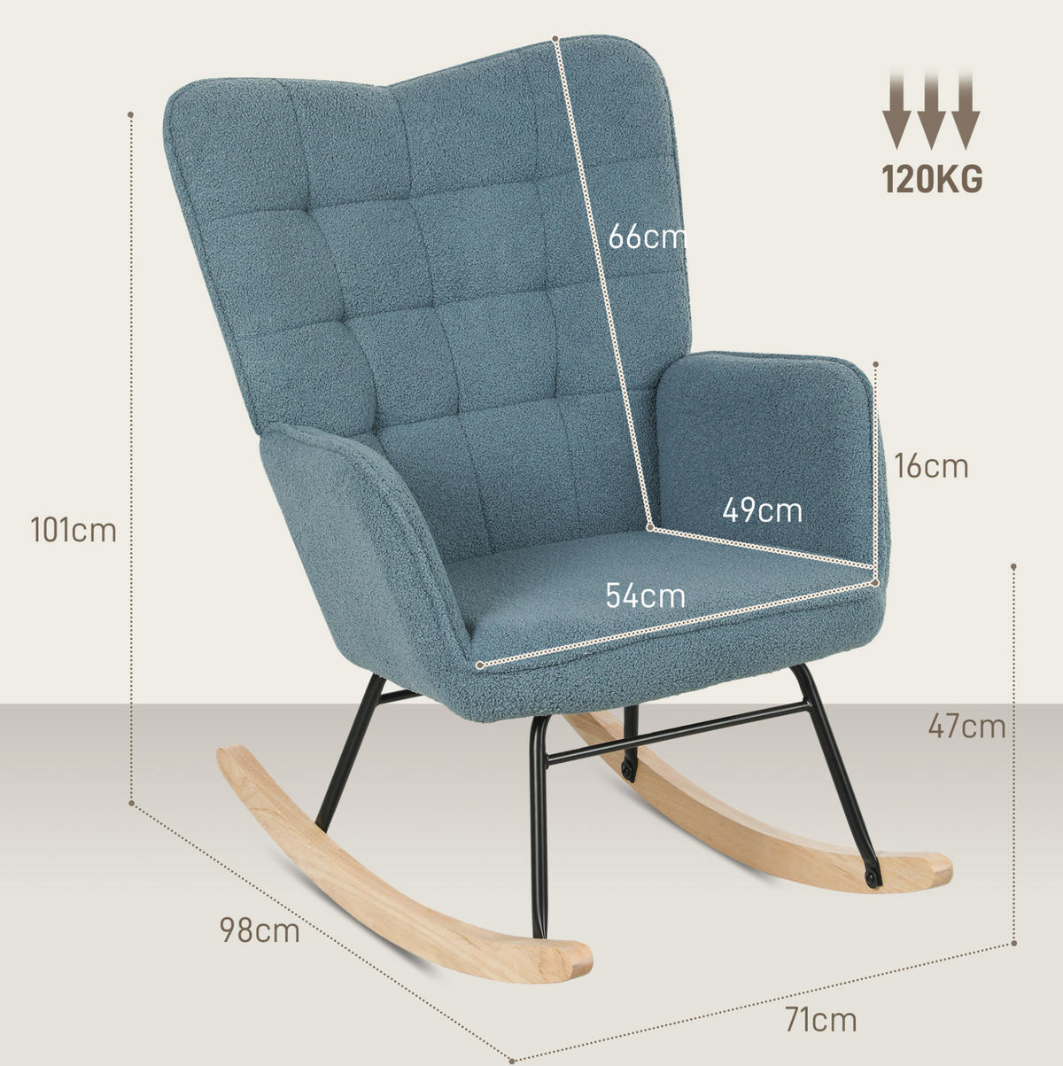 SCHAUKELSTUHL 71/98/101 cm mit hoher Rückenlehne und weicher Polsterung - Hellblau, Textil (98/101/71cm) - BEAOK