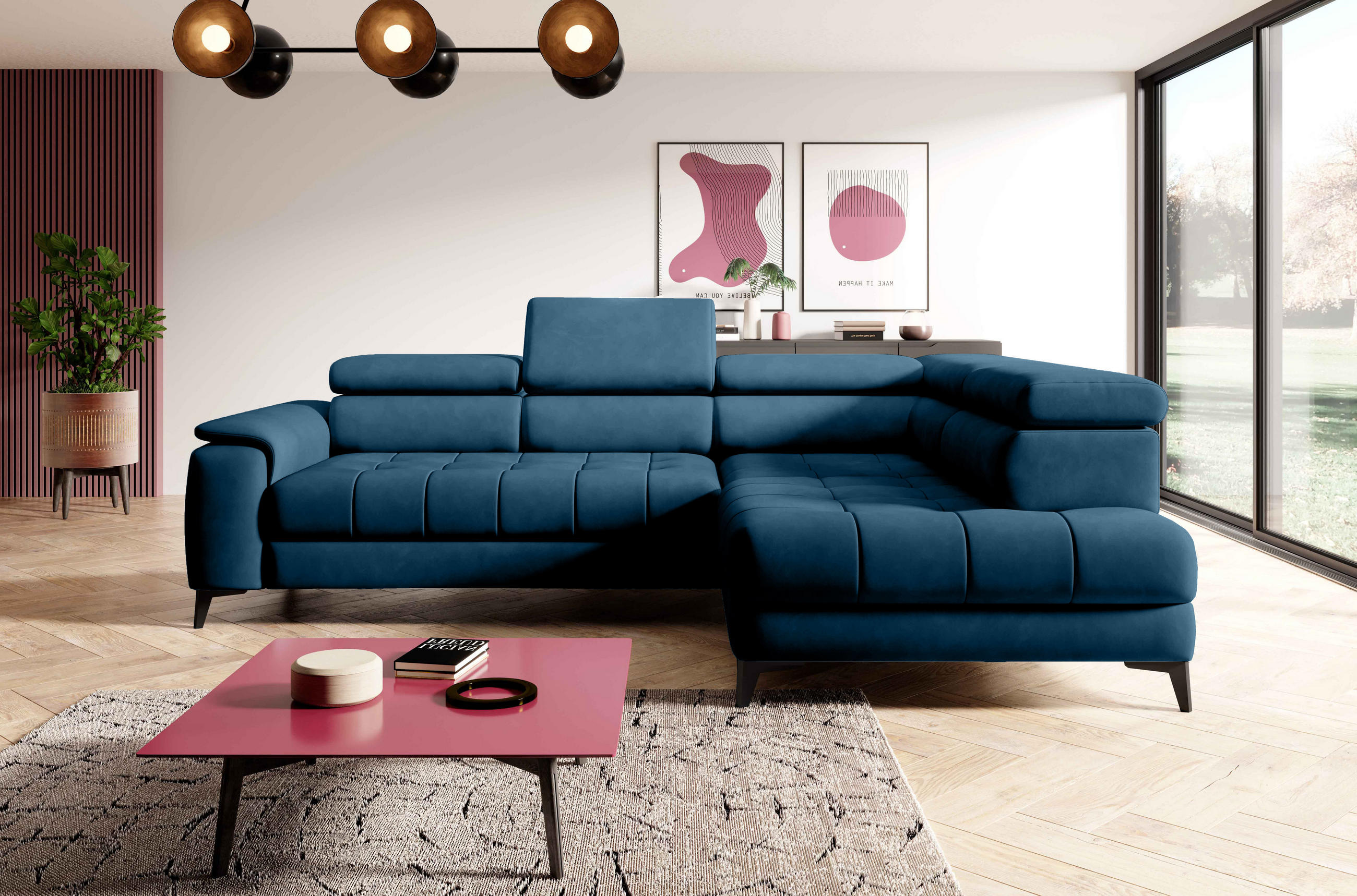 ECKSOFA CHIVAS Freistehend , Schlaffunktion, 278×197×76/98 cm, Stoff - Element, Königsblau, Rechts Seite - Schwarz/Dunkelblau, Holz/Textil (197/278cm) - DomoHome